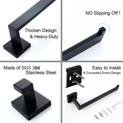 Matte Black Bathroom Hardware Kit 4 Piece Stainless Steel Heavy Duty Wall Mounted Towel Rack Toilet Paper Holder Hand Towel Bar Robe Hook For Modern Bathroom showing close-up of steel construction and installation detail.
