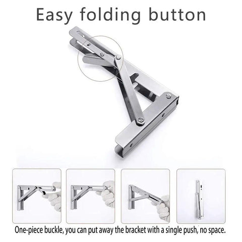 12 Inch Folding Shelf Brackets 2 Pack Stainless Steel Built Tough L Brackets showing easy folding button mechanism.