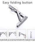 Rock Solid 10 Inch Folding Shelf Brackets 2 Pack Heavy Duty Stainless Steel L Brackets showing easy folding button mechanism.