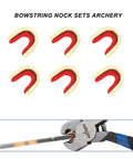 Archery Bow String Nocking Points Kit with T Square Ruler and Buckle Pliers showing 6 nocking buckles and tool in use.