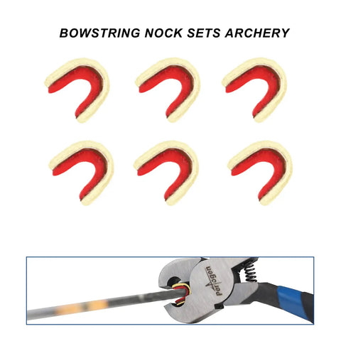 Archery Bow String Nocking Points Kit with T Square Ruler and Buckle Pliers showing 6 nocking buckles and tool in use.