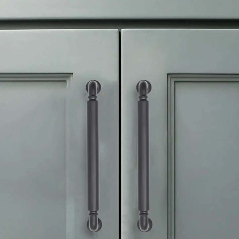 10 Pack 5 Inch Center To Center Matte Black Cabinet Pulls Built Tough Heavy Duty Handles Top Shelf Hardware For Kitchen Cabinets Dressers And Bathrooms With Rust Proof Finish on grey cabinet doors.