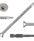 Heavy Duty Stainless Steel 304 Wood Deck Screws, 3 Inch Flat Head With T25 Torx Drive, shown with free Torx bit included.