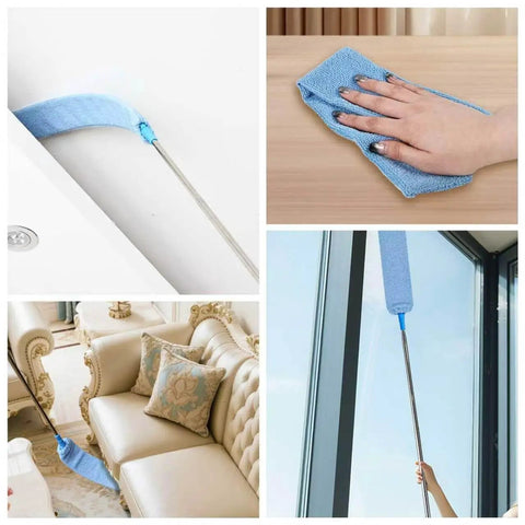 Retractable Gap Duster with Microfiber Dusting Cloths cleaning gaps under couch, wiping tabletop, and reaching high windows.