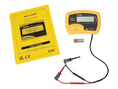Atlas LCR40 Automatic Passive Component Analyzer with user guide, battery, and test leads.