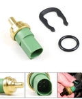 Schusspart TS477 engine coolant temperature sensor with green plastic housing, brass tip, O-ring and retaining clip