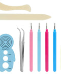 All In One 9 Piece Slotted Quilling Tool Set For Beginners To Pros, showing 4 slotted pens, bone folders, tweezers, awl, curling coach