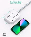 Flat Plug Power Strip With 3 Outlets And 3 USB Ports Including 20W USB C Power Delivery 5Ft Braided Extension Cord next to phone