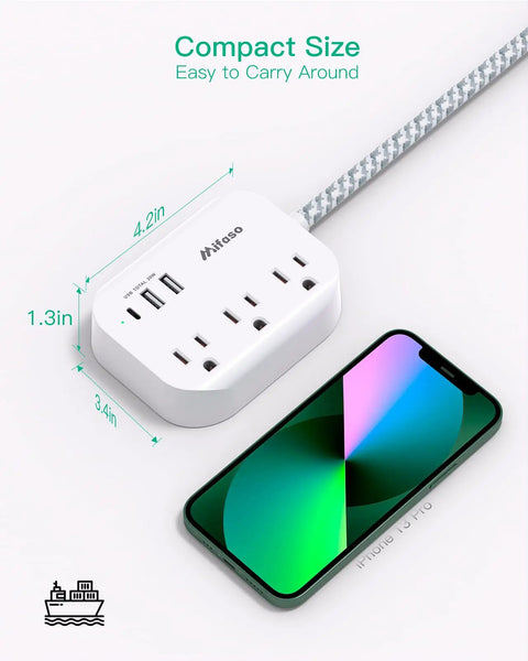 Flat Plug Power Strip With 3 Outlets And 3 USB Ports Including 20W USB C Power Delivery 5Ft Braided Extension Cord next to phone