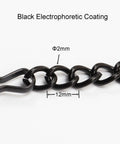 Close-up of metal chain with safety hooks for Tiffany style stained glass window panel hangings, 12mm links, black nickel coating.