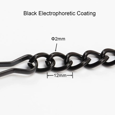 Close-up of metal chain with safety hooks for Tiffany style stained glass window panel hangings, 12mm links, black nickel coating.