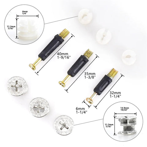 Eccentric Wheel Nut 3 In 1 Furniture Connecting Kit, 32 35 40 Mm, 90pcs Set with detailed measurements and components