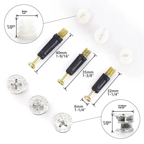 M6 Furniture Cam Lock Hardware Set 90 Pieces With 32 35 And 40mm Eccentric Wheel Nuts for secure kitchen cabinets, drawer assembly.