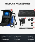 Built Tough 50M Pipe Inspection Camera With A Bright 7 Inch Ip Monitor And Built In Dvr Recorder Arrives Prepacked With A 16Gb Card, accessories including keyboard, charger, camera, and TF card.