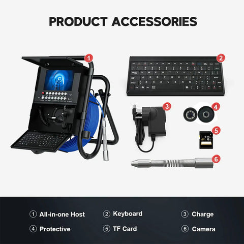 Built Tough 50M Pipe Inspection Camera With A Bright 7 Inch Ip Monitor And Built In Dvr Recorder Arrives Prepacked With A 16Gb Card, accessories including keyboard, charger, camera, and TF card.