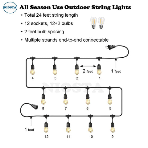 Diagram showing 24 Ft Outdoor Hanging String Lights With 12 Vintage S14 LED Bulbs Heavy Duty 120V Plug In Connectable And Dimmable
