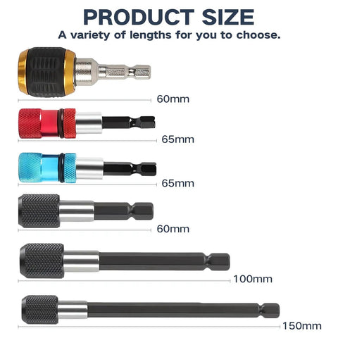 Hella Solid Six Piece Magnetic Hex Shaft Quick Change Adapter For Power Drills Heavy Duty Quarter Inch Socket Converter and Quick Grip Driver Bit Holder Packs sizes in 60mm, 65mm, 100mm, 150mm.