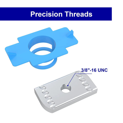 Workhorse Grade 3/8-16 Nylon Slot Nuts For Strut Channel Hardware displayed with precision threads, highlighting blue nylon and metal nut design.
