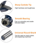 Superior 3/4 Radius Roundover Router Bit With 1/4 Inch Shank And Durable Carbide Tip For Hella Smooth Wood Edges Includes Precision Bearing Guide showing carbide tip, bearing, and round shank.