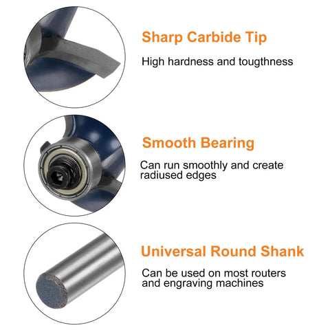 Superior 3/4 Radius Roundover Router Bit With 1/4 Inch Shank And Durable Carbide Tip For Hella Smooth Wood Edges Includes Precision Bearing Guide showing carbide tip, bearing, and round shank.