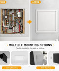 Image comparing before and after installation of Heavy Duty Aluminum Access Panel Slick Flush Drywall Cover.