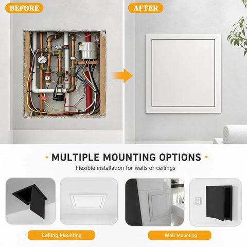Image comparing before and after installation of Heavy Duty Aluminum Access Panel Slick Flush Drywall Cover.
