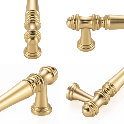 Close-up of 10 Pack 5 Inch Brushed Gold Kitchen Cabinet Handles And Drawer Pulls For Cabinets Dresser Cupboard Bedroom And Bathroom Furniture Hardware P30 Style Solid Metal Construction French Style Smooth Rounded Corners For Easy Gripping showing intricate detailing.