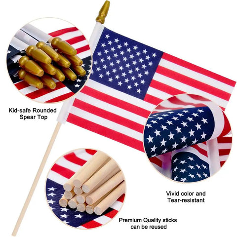 Pack Of 12 Small 8x12 Inch American Flags On Sticks With Kid Safe Spear Tops, vivid colors, wooden sticks for patriotic decor.