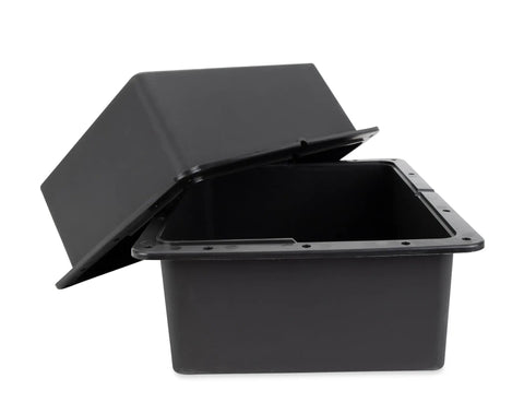 Beast Mode Dual Group 24 RV Battery Box With Dead Simple Vent Design, heavy-duty black plastic construction, open view, 18x14x14 inches.
