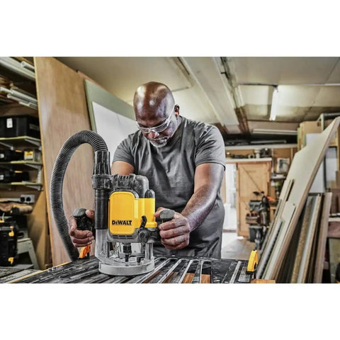 Robust 15 Amp Corded Plunge Router Equipped With Built In Led And Spindle Lock delivers precise routing in a workshop.