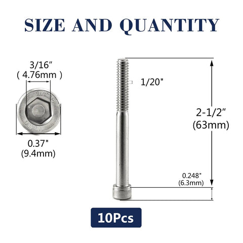 10 Pack 1/4-20 X 2-1/2 Inch Socket Head Cap Screws Forged From 304 Stainless Steel Heavy Duty measurements and quantity display