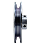 Side view of Heavy Duty 5 Inch Single Groove V Belt Pulley With 0.625 Inch Bore For A B 5L 4L V Belt Drives Durable 1020 Steel Zinc Plated Motor Pulley 5 Inch OD Includes Two Mounting Screws