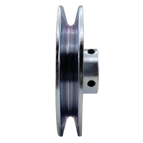 Side view of Heavy Duty 5 Inch Single Groove V Belt Pulley With 0.625 Inch Bore For A B 5L 4L V Belt Drives Durable 1020 Steel Zinc Plated Motor Pulley 5 Inch OD Includes Two Mounting Screws