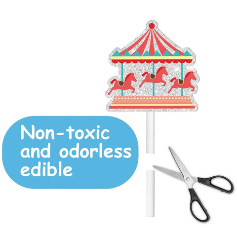 18 Pieces Red Glitter Fireworks Cupcake Toppers showing carousel design with scissors, cutting non-toxic sticks for circus theme parties.
