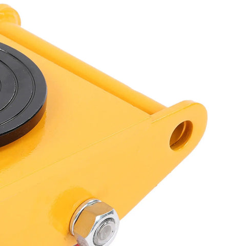 Close-up of Rugged Heavy Duty Machinery Mover Dolly, steel thickened corner, 6 ton load capacity, yellow powder coat finish.