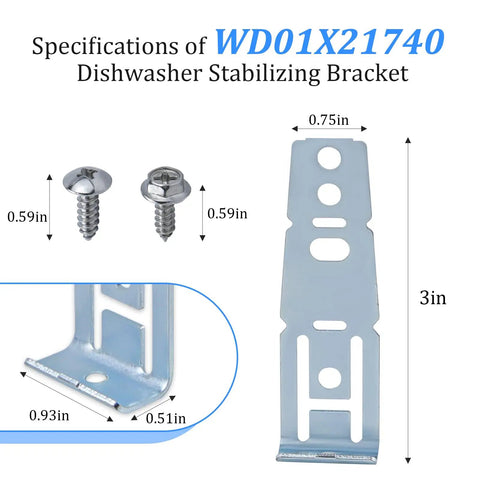 Specifications of Heavy Duty Countertop Dishwasher Mounting Brackets, 4 Pack With Screws, WD01X21740 detail with dimensions.