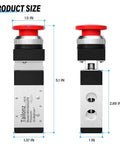 Red Mushroom Push Button Pneumatic Valve, 5 Way 2 Position With Automatic Reset, 1/4 NPT Inlet And Outlet, Product Size Diagram