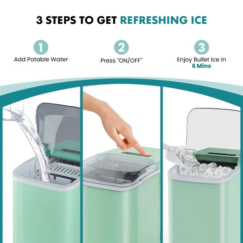 Hella Fast Portable Ice Maker With Built In Handle Makes Twenty Six Pounds Fresh Ice Daily showing steps to add water and start machine.