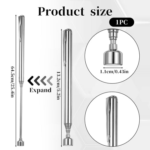 Telescoping Magnetic Pickup Tool Three Point Five Pound Lift Extendable Magnet Grabber With Pocket Clip dimensions shown