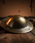 Medieval Viking Shield Boss Umbo Crafted From 14 Gauge Steel With Antique Brass Finish Rustic 8 Inch Diameter Wall Mount 8 Mounting Holes Battle Ready Decor Vintage Gift For History Buffs on fur and wood background