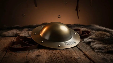Medieval Viking Shield Boss Umbo Crafted From 14 Gauge Steel With Antique Brass Finish Rustic 8 Inch Diameter Wall Mount 8 Mounting Holes Battle Ready Decor Vintage Gift For History Buffs on fur and wood background