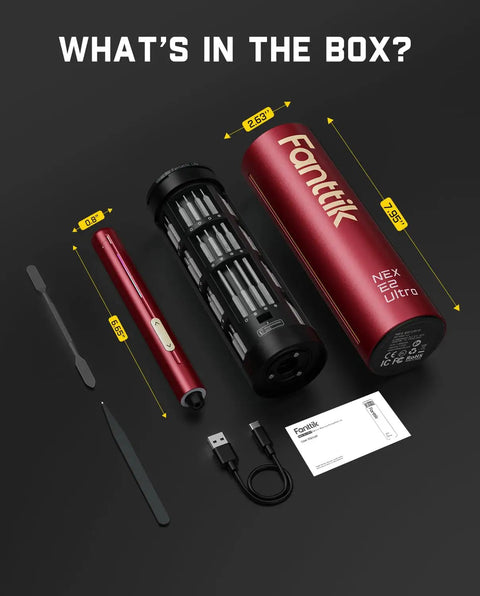 E2 Ultra Electric Screwdriver Kit with 50 magnetic bits, burgundy aluminum components, USB cord, and tool card on display.