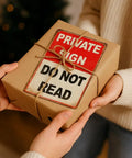 Funny Private Sign Do Not Read Tin Metal Wall Decor Vintage Rustic Distressed gift box held by person, 12 by 8 inch