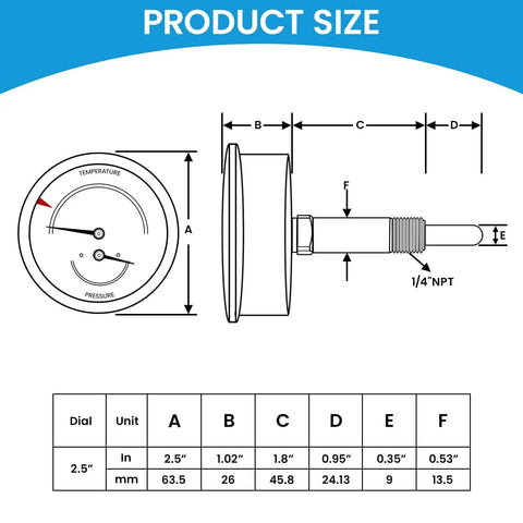 Dual-Display Tridicator Boiler Gauge Kit Commercial Grade With 2.5 Inch Dial dimensions and specifications diagram