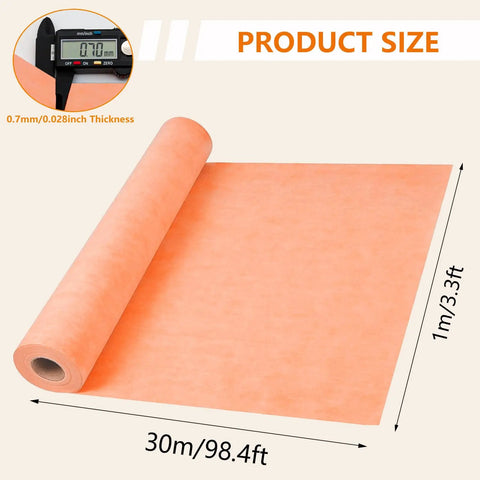 324 Sq Ft Pro Grade Waterproofing Membrane For Bathrooms And Showers, 27.6 Mil Thick, roll displayed with dimensions and thickness
