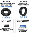 Gravity-Fed Drip Irrigation Kit With Inline Emitters For Rain Barrels And Cisterns 100 ft tubing, 50 ft mainline and accessories