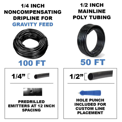 Gravity-Fed Drip Irrigation Kit With Inline Emitters For Rain Barrels And Cisterns 100 ft tubing, 50 ft mainline and accessories