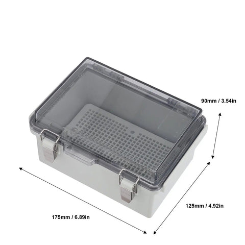 Rugged Outdoor Electrical Junction Box with IP67 ABS Enclosure, grid mounting plate, clear cover, and stainless steel door lock.