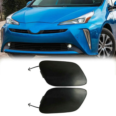 Front view of blue Prius with Tow Hook Cover Set for Prius 2019 2020 2021 Front Bumper Eye Lid Caps Black Left and Right