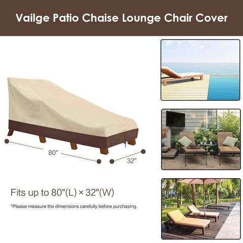 Image of a beige and brown Waterproof Patio Chaise Lounge Cover Set, 80 x 32 inches, shown on a deck, UV resistant, heavy duty protection.